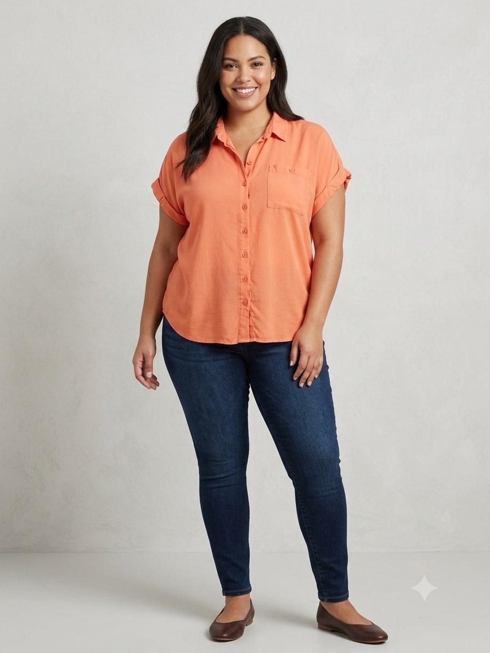 Rouge Collection Lightweight Button-Down Shirt in Coral for Women WS 194